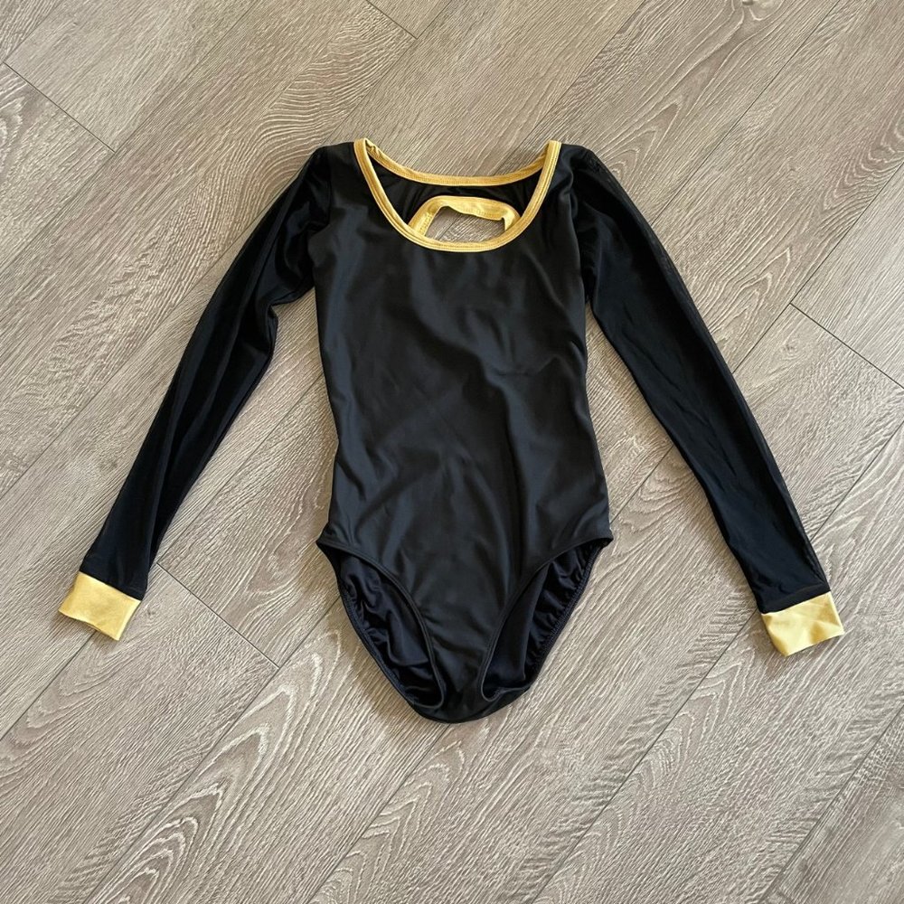 Five Dancewear Mesh Sleeves Gold Trim Black Leotard in size PA